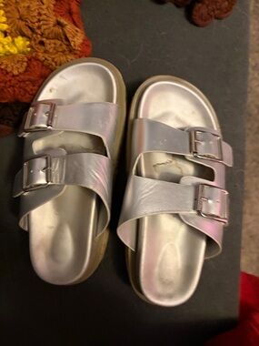 Silver Double-Buckle Women’s Slide heels